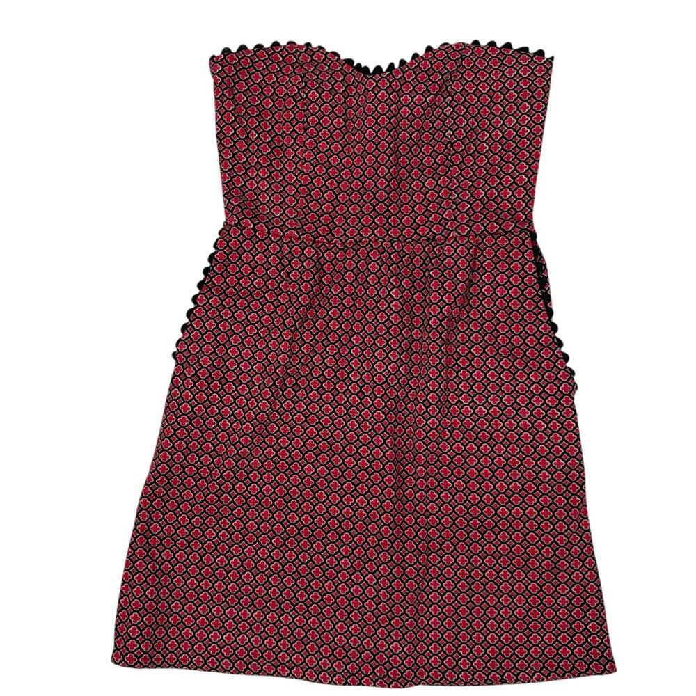 Judith March Red Black Print Strapless Mini Dress Sz Small Made in USA Pockets